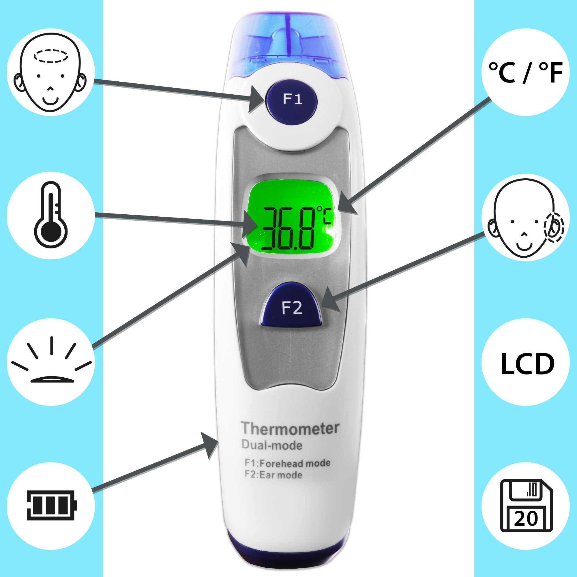 Duronic IRT1000 infrared ear forehead thermometer dual mode scanning celsius or fahrenheit with LCD screen
