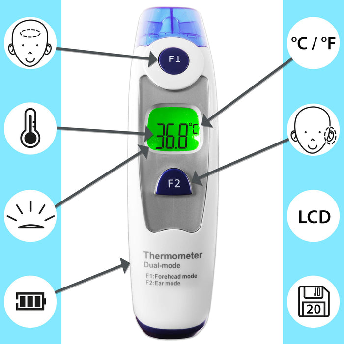 Duronic IRT1000 infrared ear forehead thermometer dual mode scanning celsius or fahrenheit with LCD screen