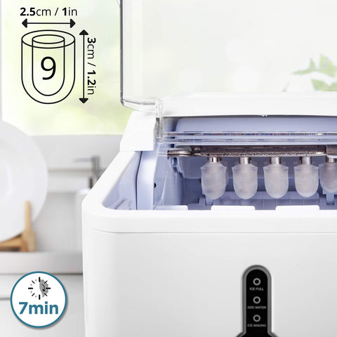 Duronic Ice Maker producing nine bullet-shaped ice cubes in seven minutes for home.