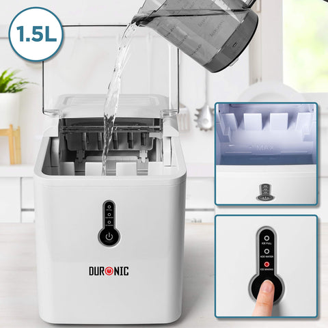 Duronic Ice Maker showing water being poured and the control panel.