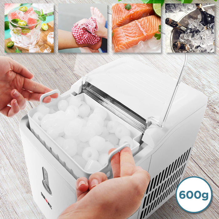 Duronic Ice Maker with a removable basket containing 600g of bullet-shaped ice cubes.