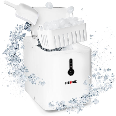 Duronic Ice Maker with open lid, full ice basket, and plastic scoop.