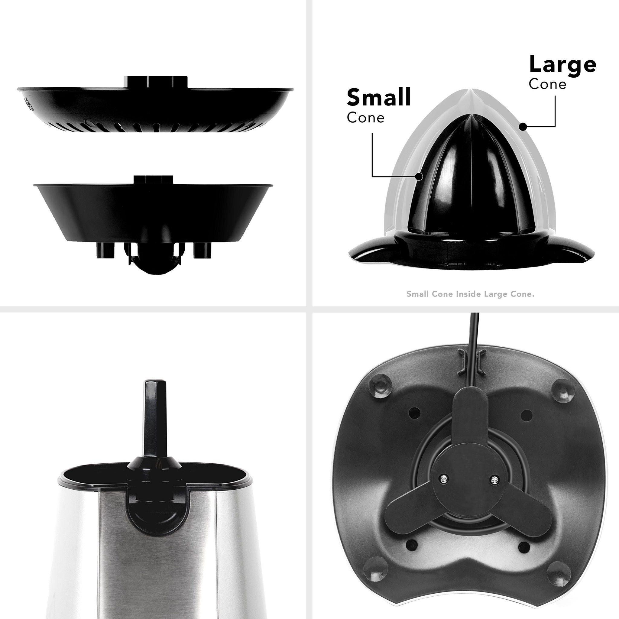 Duronic JE6SR electric citrus juicer with 2 interchangeable cones for different fruits like lemons, limes, oranges, grapefruits