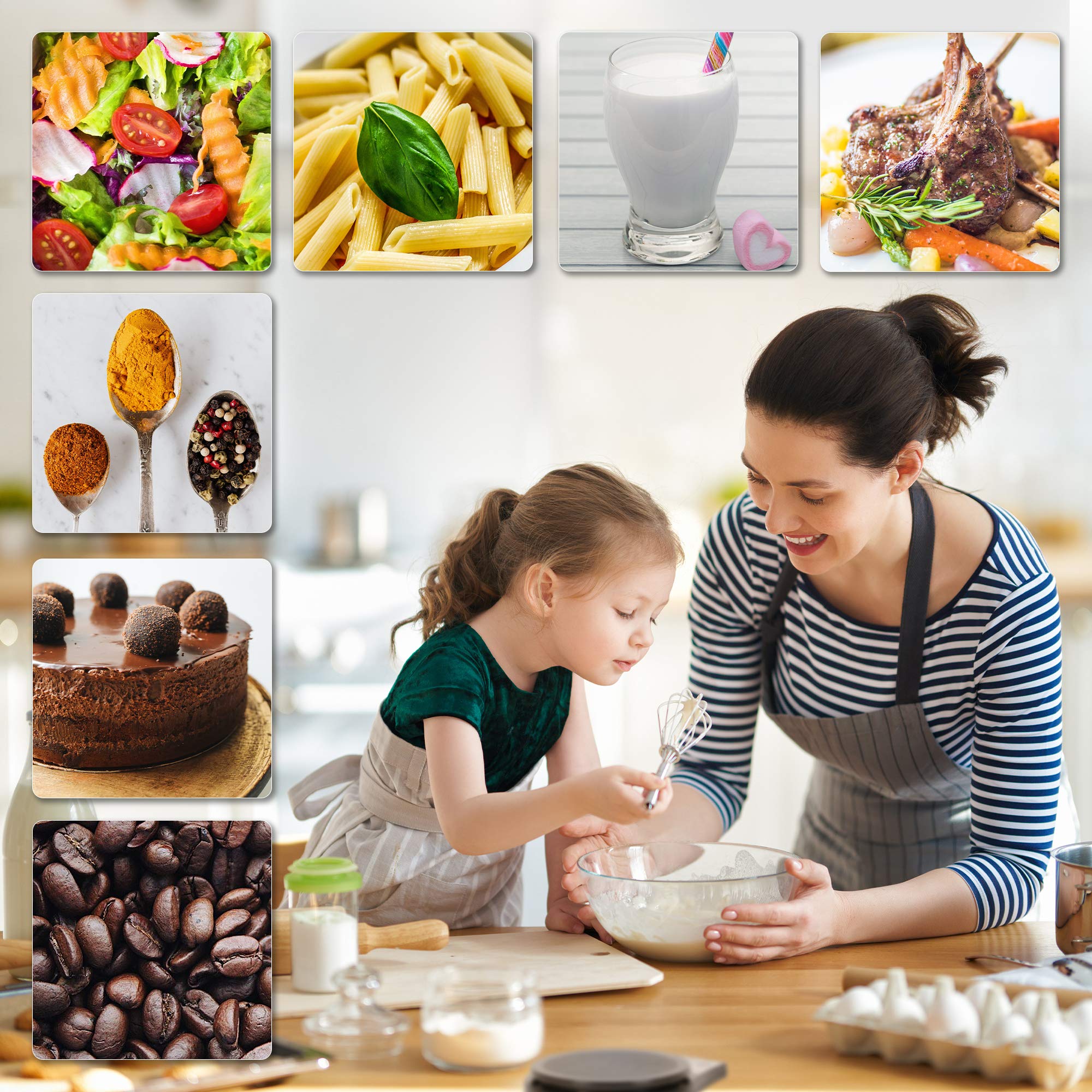 Duronic KS6000 digital kitchen weight scale to measure various food items like pasta, vegetables, milkshakes, spices, cake, coffee beans, meat