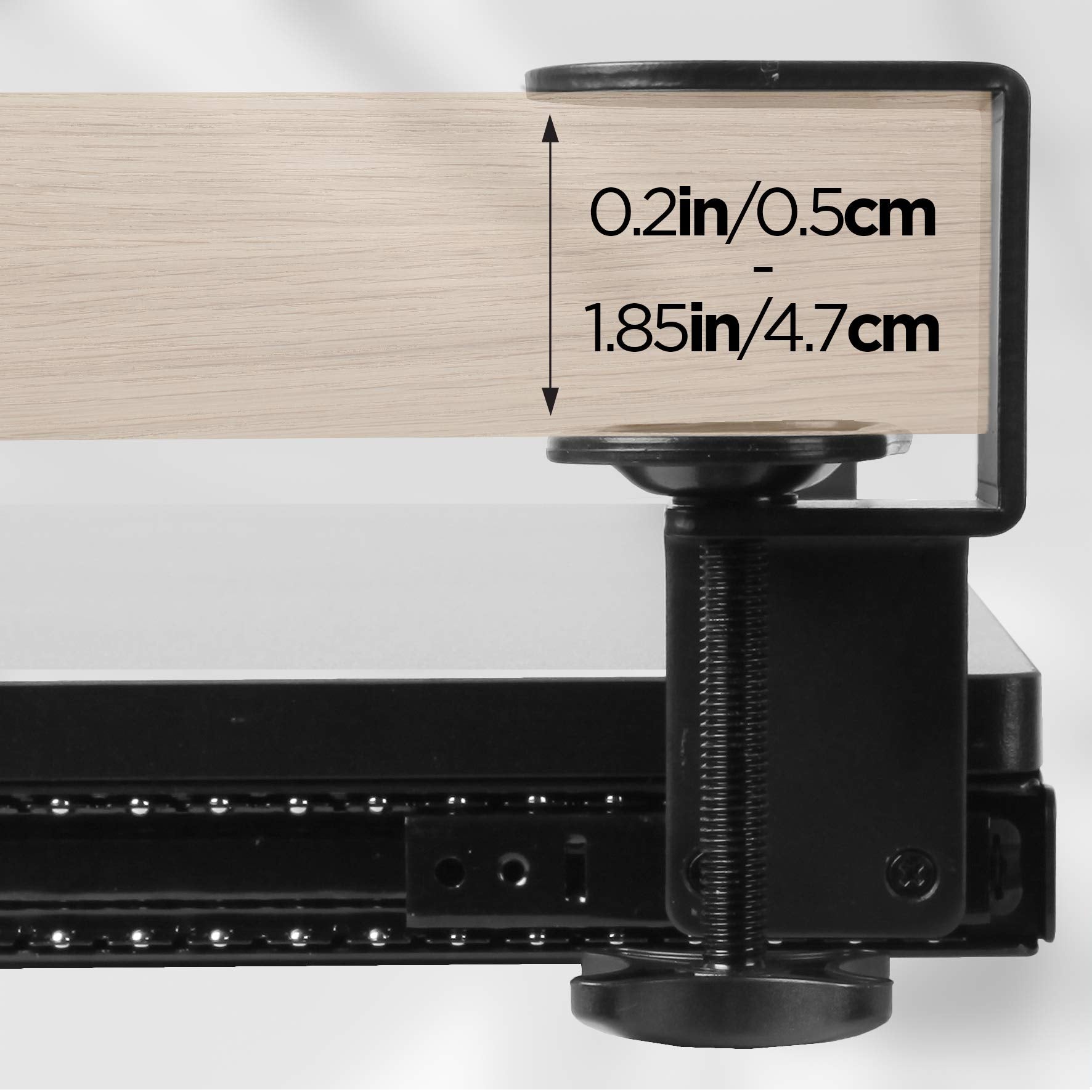 Duronic Keyboard Drawers showing a thickness compatibility range of 0.2 to 1.85 inches.