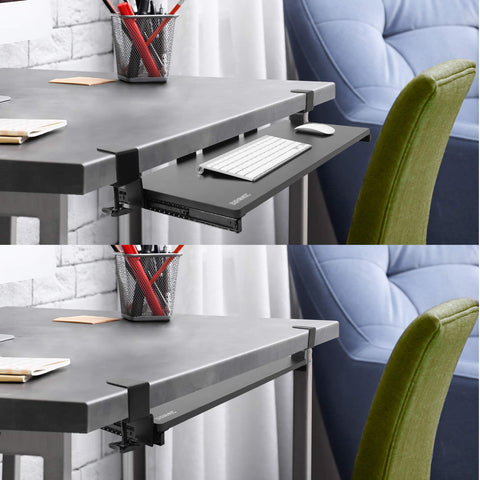 Duronic Keyboard Drawers shown in both extended and retracted positions for ergonomic storage.