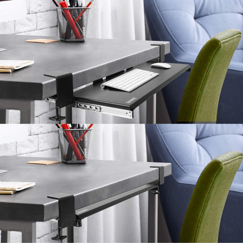 Duronic Keyboard Drawers shown in both extended and retracted positions on a modern desk.