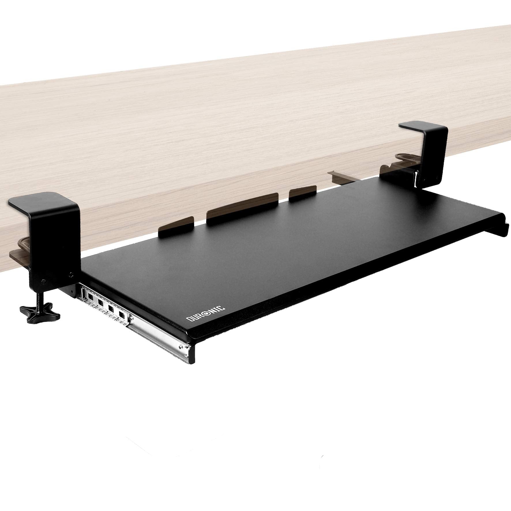 Duronic Keyboard Drawers  with sliding tracks attached to a light wood desk.