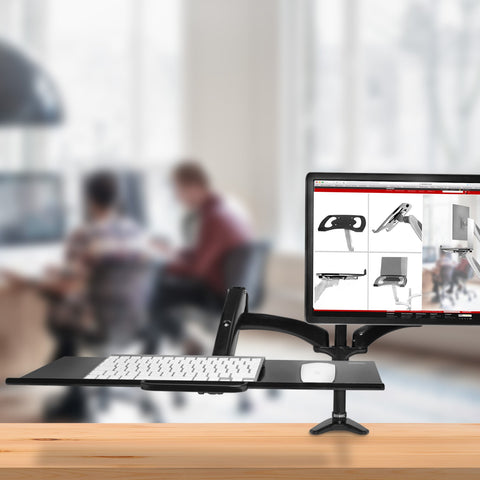 Duronic Keyboard Platform holding a computer monitor and a keyboard tray with a white mouse.