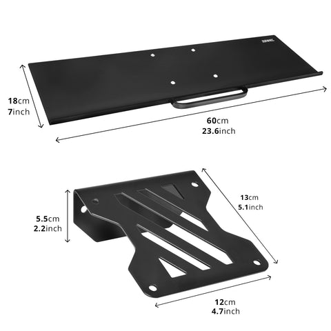Duronic Keyboard Platform showing the dimensions in centimeters and inches for two metal desk shelf components.