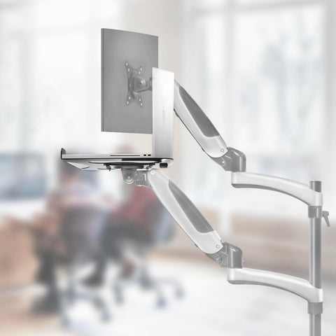 Duronic Laptop Attachment Stand Dual monitor and laptop desk mount arm in a modern office setup.