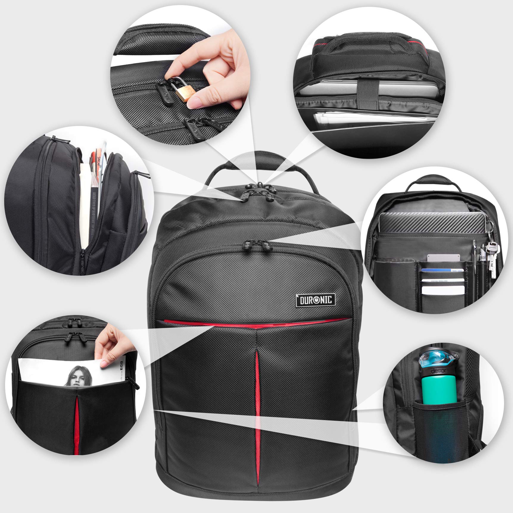 Duronic Laptop Backpack  featuring multiple storage compartments, lockable zippers, laptop sleeve, and side water bottle pocket.