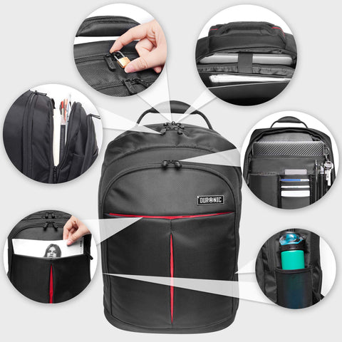 Duronic Laptop Backpack  featuring multiple storage compartments, lockable zippers, laptop sleeve, and side water bottle pocket.