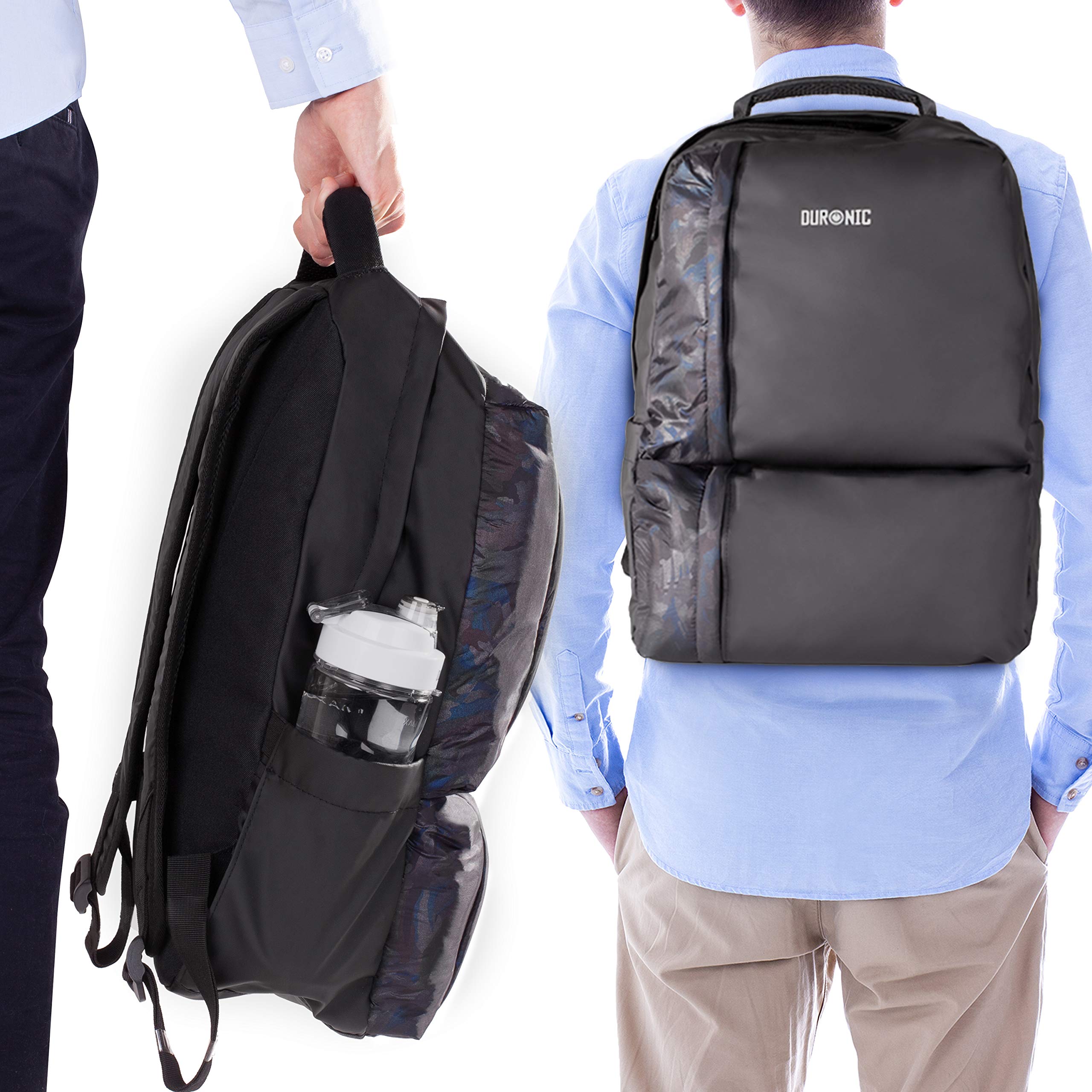 Duronic Laptop Backpack showing its side pocket and back fit.