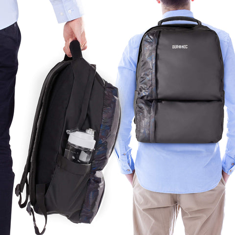 Duronic Laptop Backpack showing its side pocket and back fit.
