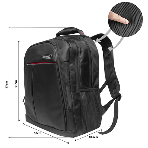 Duronic Laptop Backpack showing measurements of 47cm, 39cm, 35cm, 18.5cm, and padded mesh straps.
