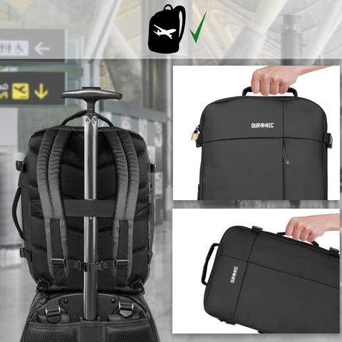 Duronic Laptop Backpack shown mounted on luggage handle and carried as a briefcase.