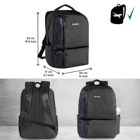 Duronic Laptop Backpack with blue pattern accents, side pocket, and flight-approved dimension labels.