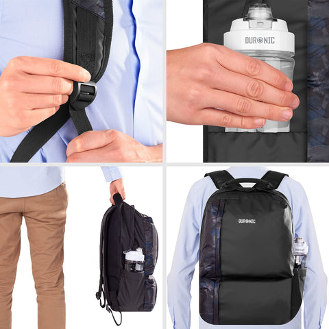 Duronic Laptop Backpack with water bottle pocket, adjustable straps, and side camo patterned details.