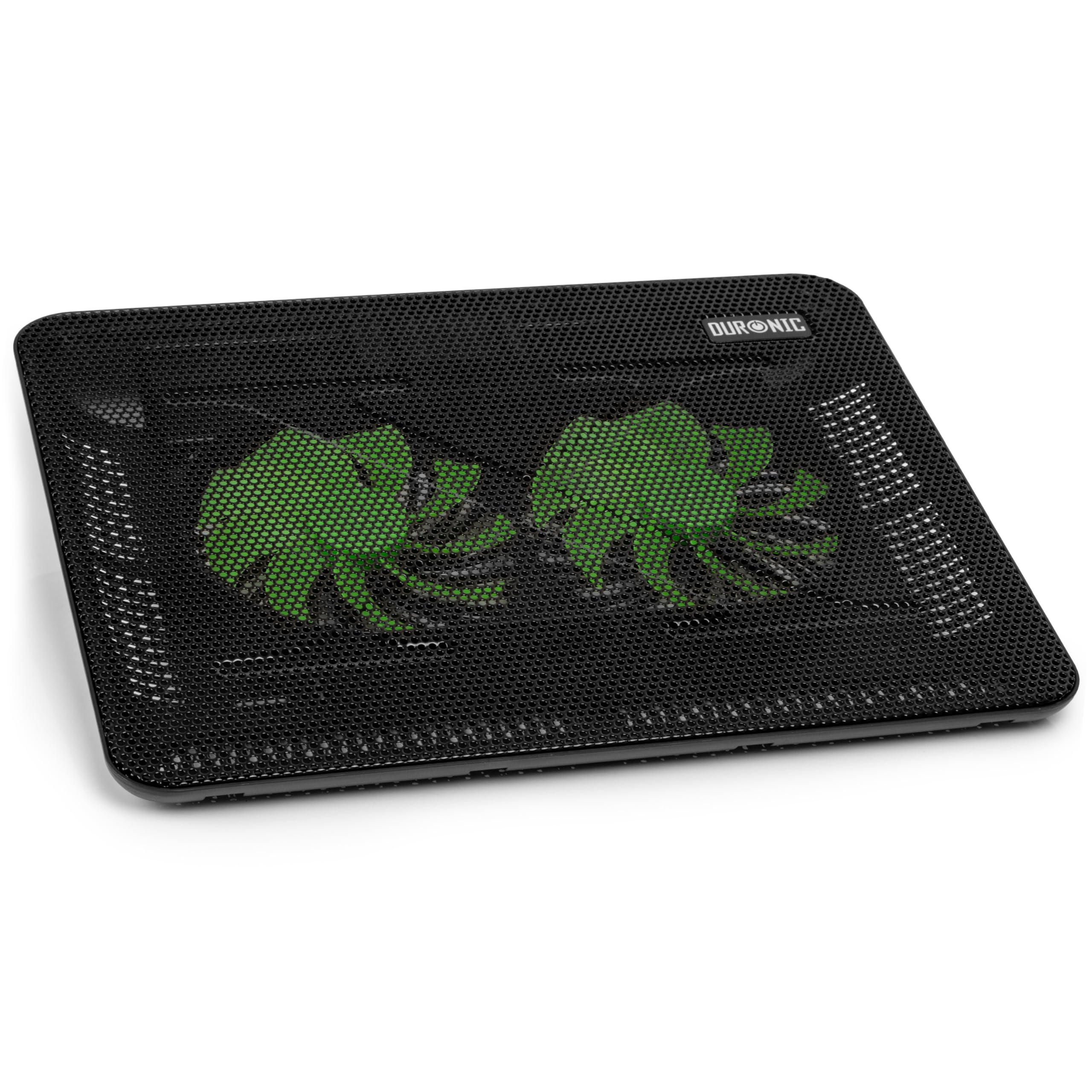 Duronic Laptop Cooling Pad featuring a mesh surface and two visible green LED-lit internal fans.