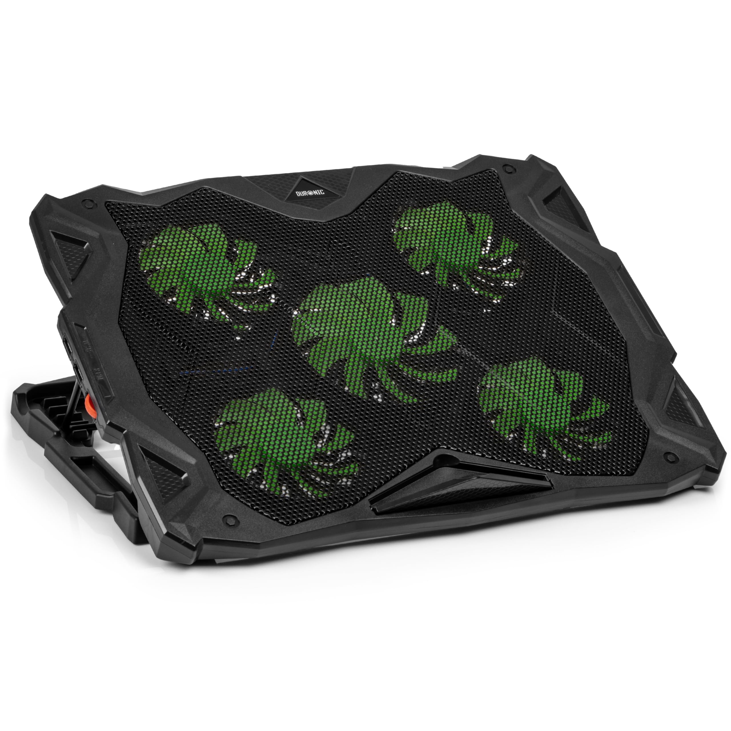 Duronic Laptop Cooling Pad  featuring five green LED-backlit fans behind a metal mesh surface and an adjustable height stand.
