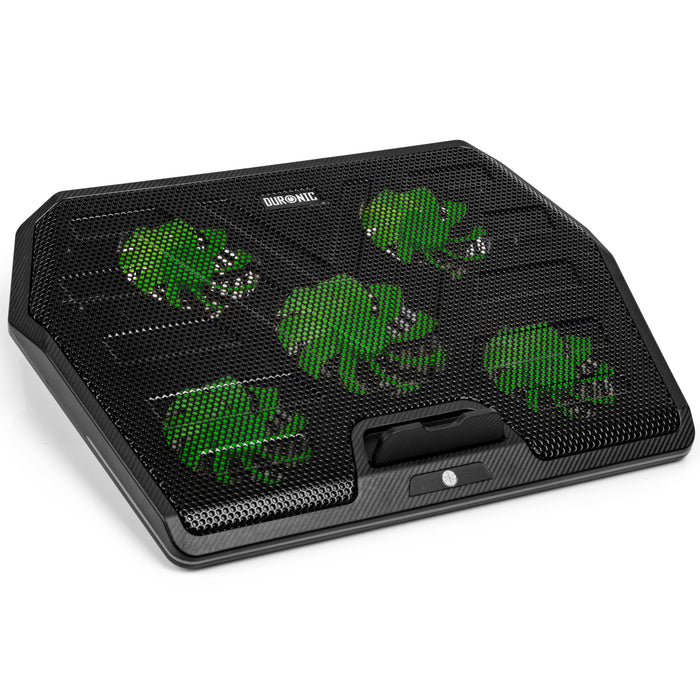 Duronic Laptop Cooling Pad with five green LED-illuminated fans and a black mesh surface