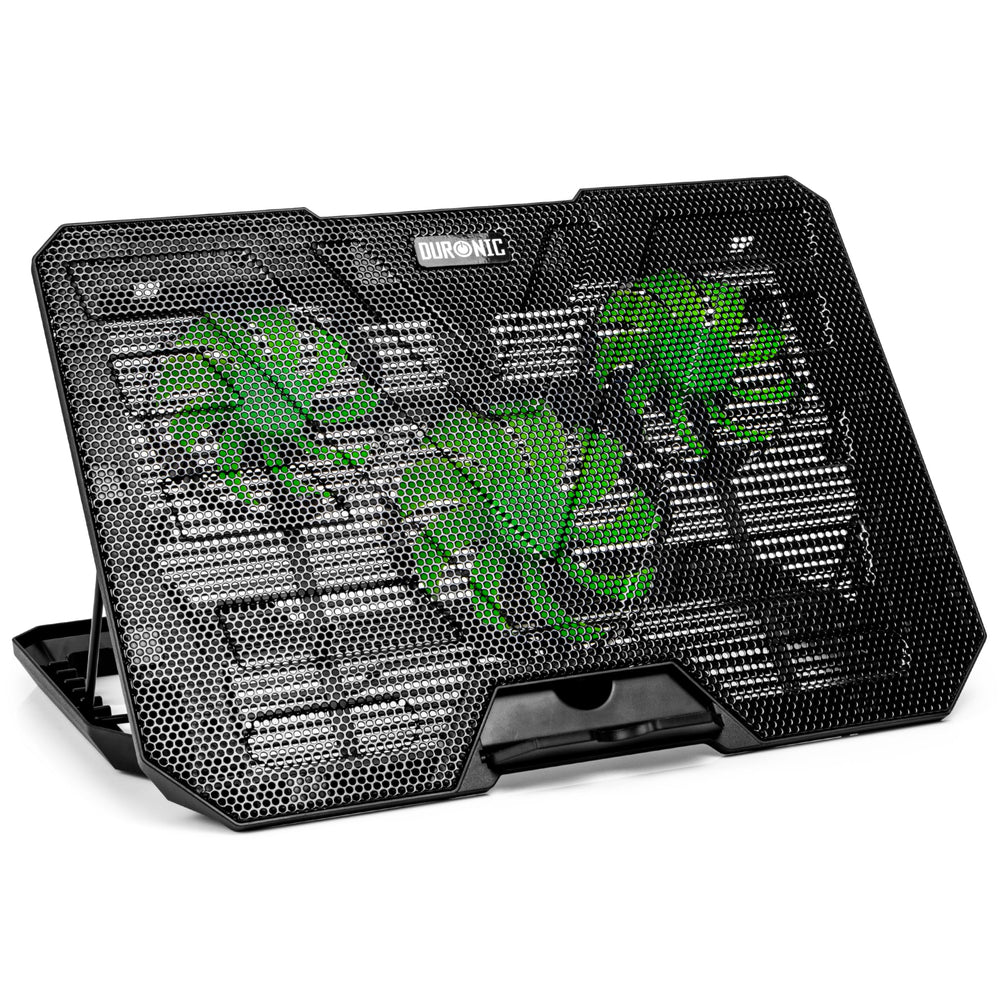 Duronic Laptop Cooling featuring three green LED fans behind a metal mesh surface and an adjustable height stand.