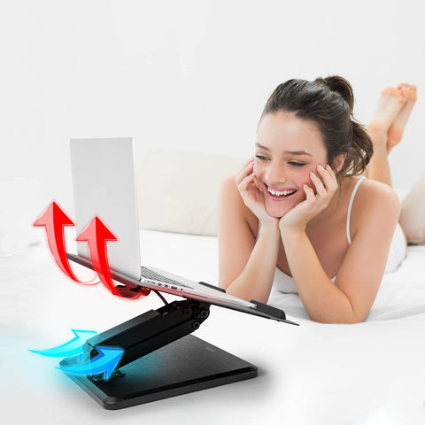 Duronic Laptop Stand featuring cooling airflow arrows and a smiling woman user.