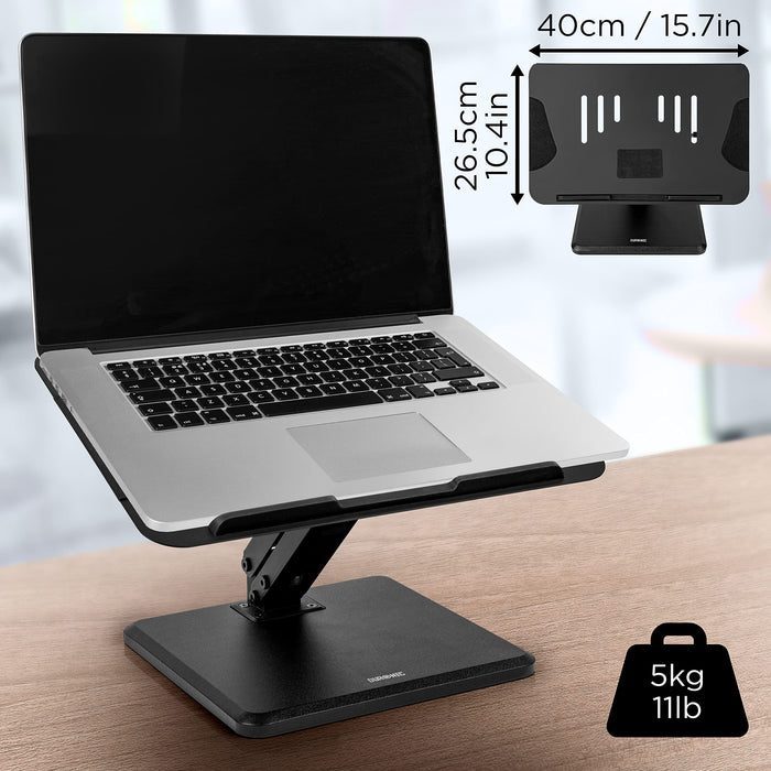 Duronic Laptop Stand showing 40cm width, 5kg capacity, shown supporting a silver laptop.