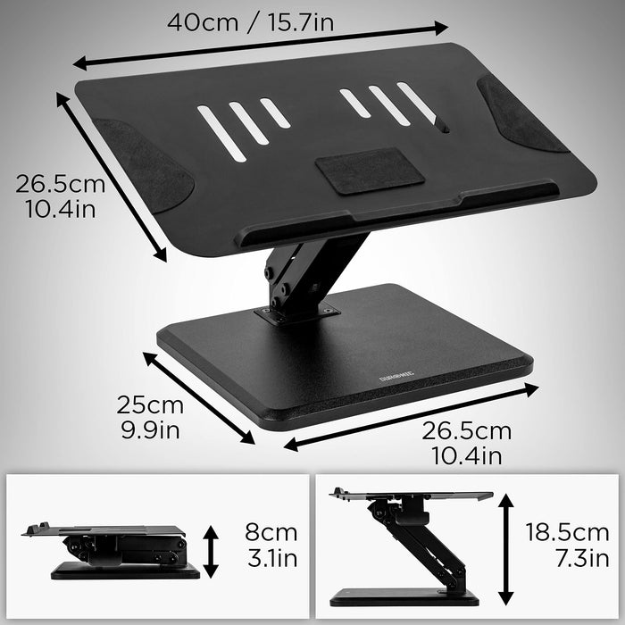 Duronic Laptop Stand showing dimensions in centimeters and inches for height, width, and depth.