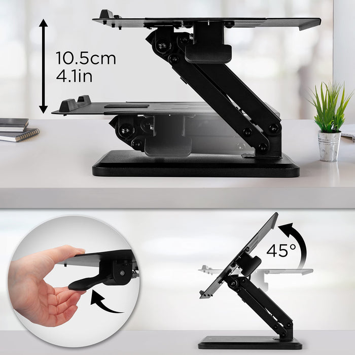 Duronic Laptop Stand showing height extension of 10.5cm and a 45-degree tilting platform mechanism.