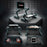 Duronic Laptop Stand shown in six different configurations holding electronics, books, and DJ equipment.