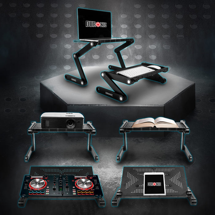 Duronic Laptop Stand shown in six different configurations holding electronics, books, and DJ equipment.