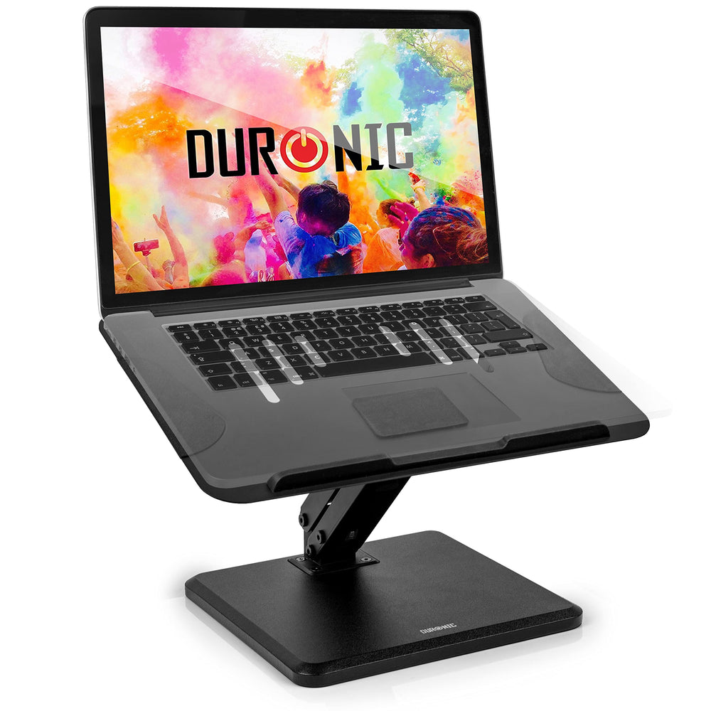 Duronic Laptop Stand with ergonomic height swivel and tilted platform for desk.