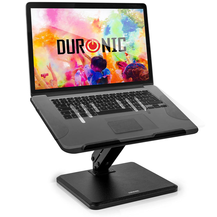 Duronic Laptop Stand with ergonomic height swivel and tilted platform for desk.