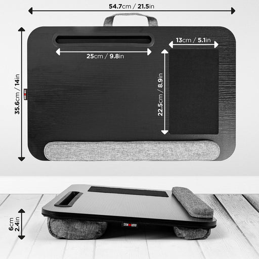 Duronic Laptop Tray dimensions: 21.5 inches wide, 14 inches deep, with mouse pad and wrist rest.