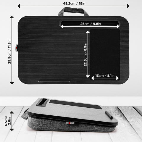 Duronic Laptop Tray with Cushion with cushion base, tablet slot, mouse pad, and carrying handle, showing dimensions.
