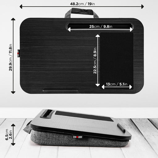 Duronic Laptop Tray with Cushion with cushion base, tablet slot, mouse pad, and carrying handle, showing dimensions.