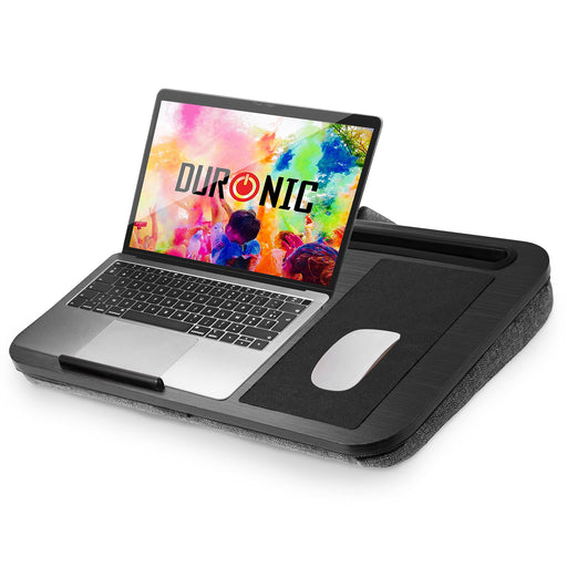 Duronic Laptop Tray with Cushion with cushion, integrated mouse pad, and tablet slot holding a laptop.