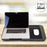 Duronic Laptop Tray with Cushion with mouse pad and phone slot, holding a 14-inch laptop on wooden table.