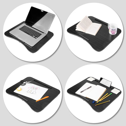 Duronic Laptop Tray with laptop, book, drawing supplies, and phone in four views.