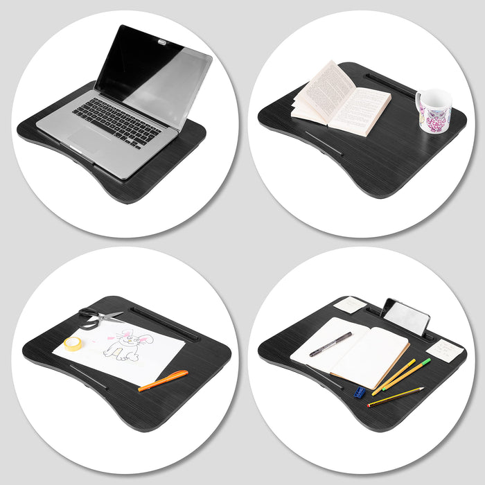 Duronic Laptop Tray with laptop, book, drawing supplies, and phone in four views.
