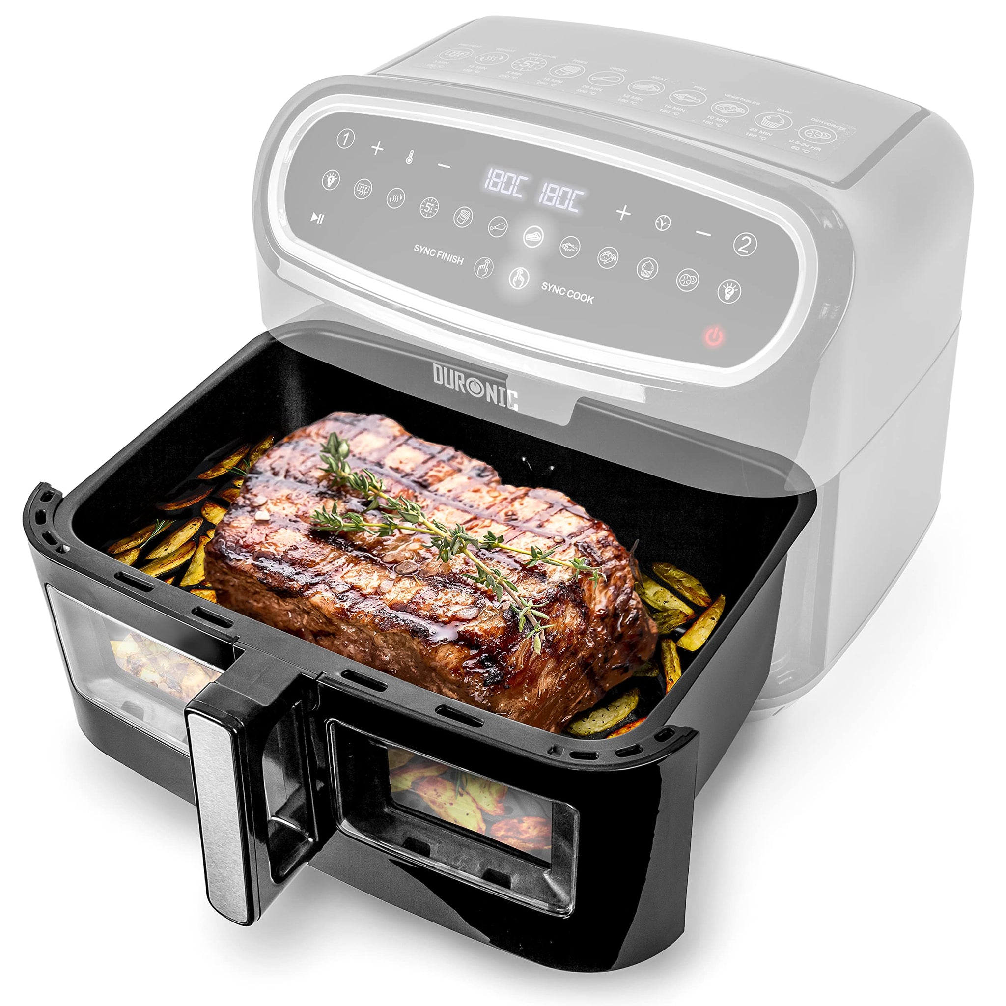 Duronic Large Drawer drawn with a large steak and potatoes in the open cooking drawer.