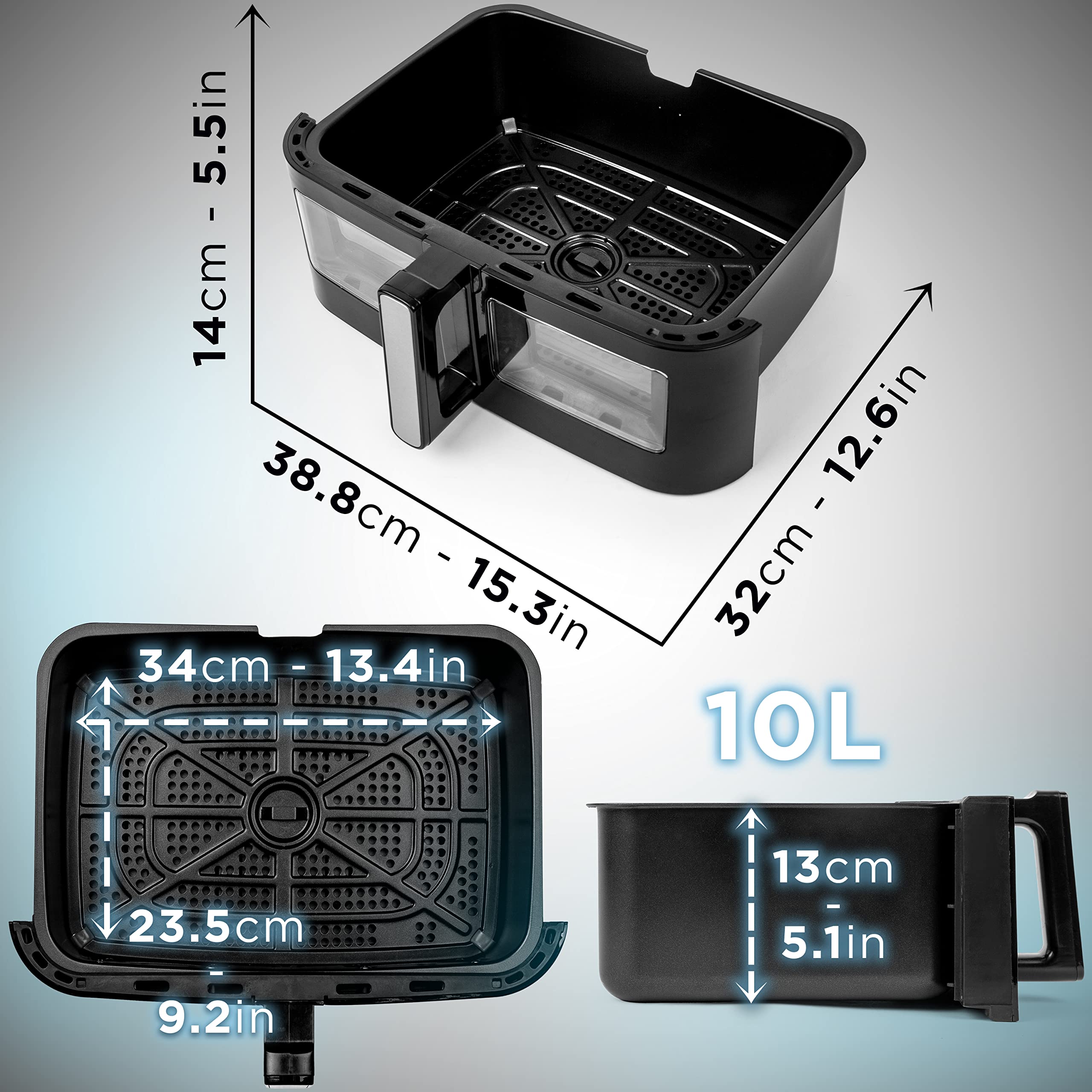 Duronic Large Drawer showing dimensions and 10L capacity of a black air fryer basket.