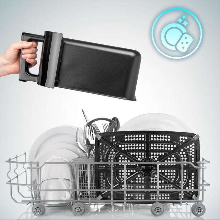 Duronic Large Drawer with a hand being held air fryer basket and tray placed in a dishwasher for easy cleaning.