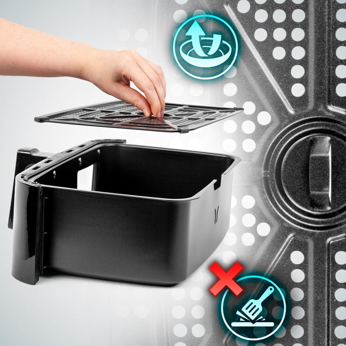 Duronic Large Drawer with a hand inserting a non-stick crisper plate into a black air fryer basket with care icons.