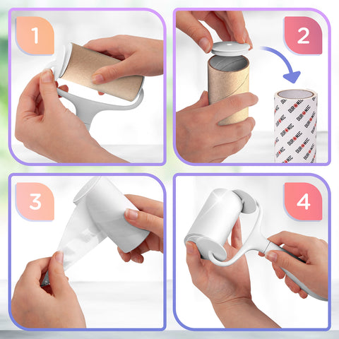 Duronic Lint Roller showing how to remove, refill, peel, and snap on a new lint roller.