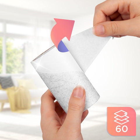 Duronic Lint Roller with close-up of hands peeling a dirty adhesive sheet from a 60-count sticky lint roller refill.