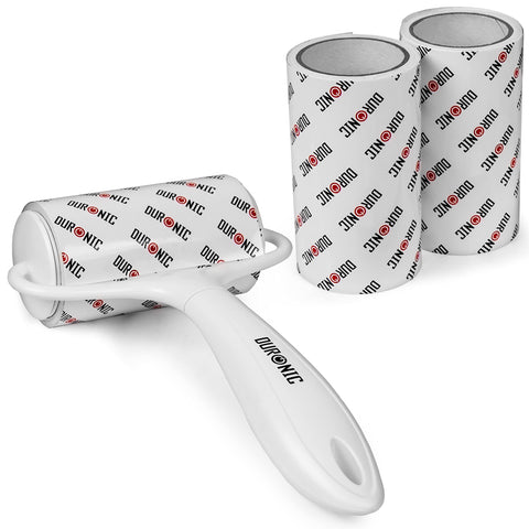 Duronic Lint Roller with ergonomic handle and two additional adhesive replacement refill rolls.