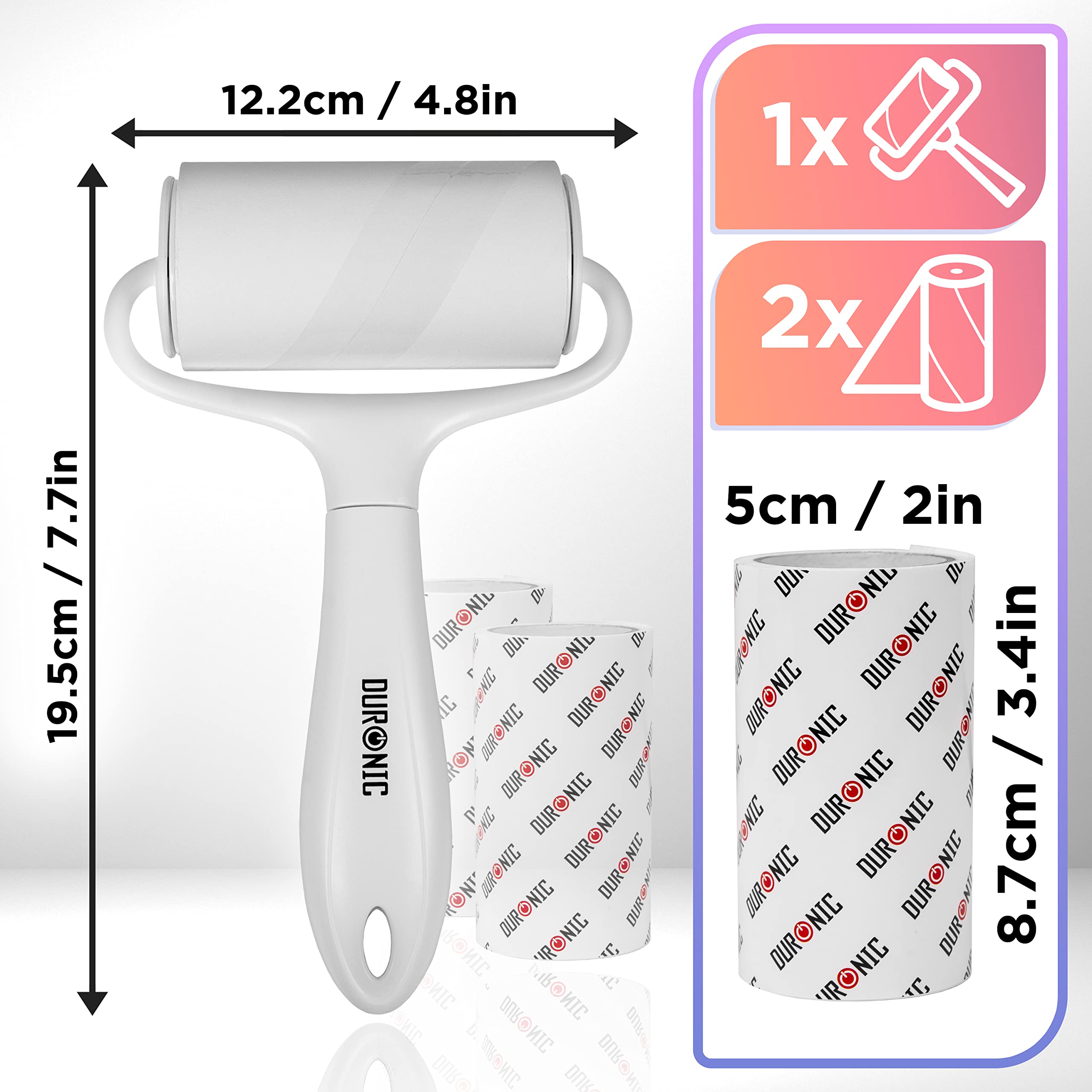 Duronic Lint Roller with white handle, two replacement refills, and detailed product dimension measurements.